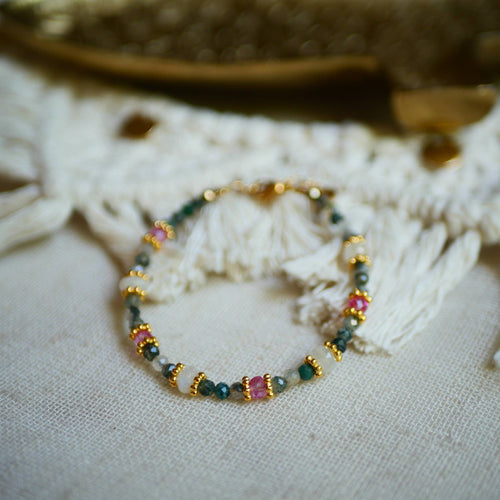 MEDINI bracelet with moss agate, pink topaz, moonstone and stainless steel charms