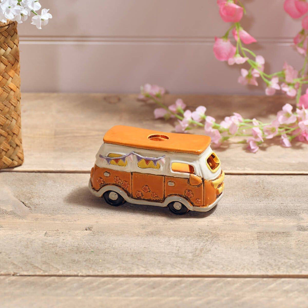 Photophore - Porte-bougie en grès en forme de van aménagé orange, avec détails en relief