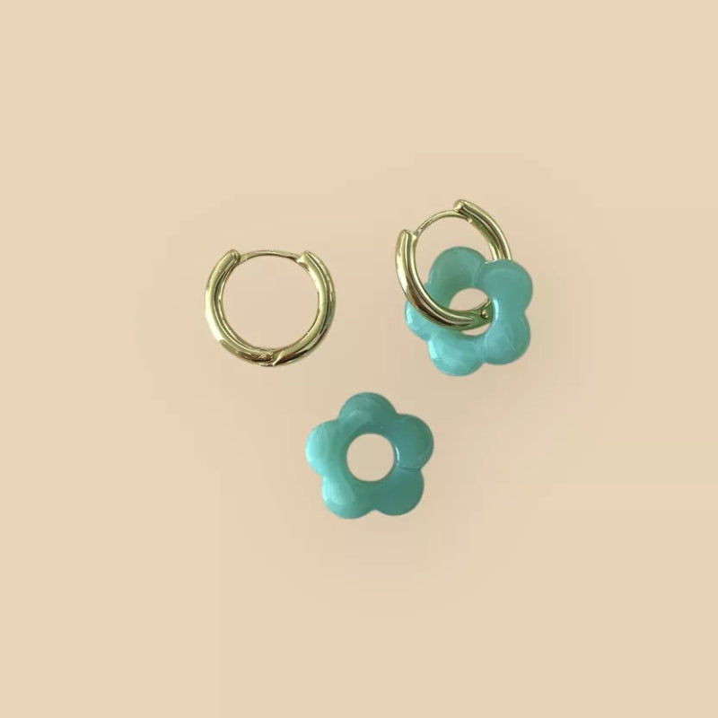 Paire de boucles d'oreilles - Billie - Fleur - Vert Aventurine - Anneaux plaqués or