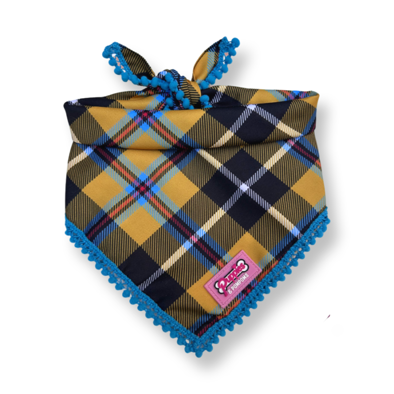 Bandana à Nouer pour chien en tartan de Cornouailles à pompons bleus