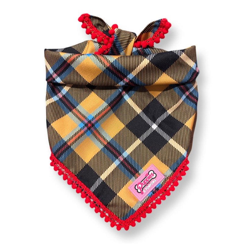 Bandana à Nouer pour chien en tartan de Cornouailles avec pompons rouges