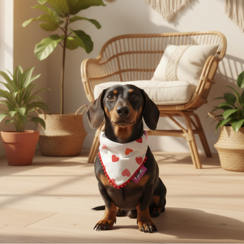 Bandana à Glissière pour chien fait main avec Cœurs et liseré pompons Rouge