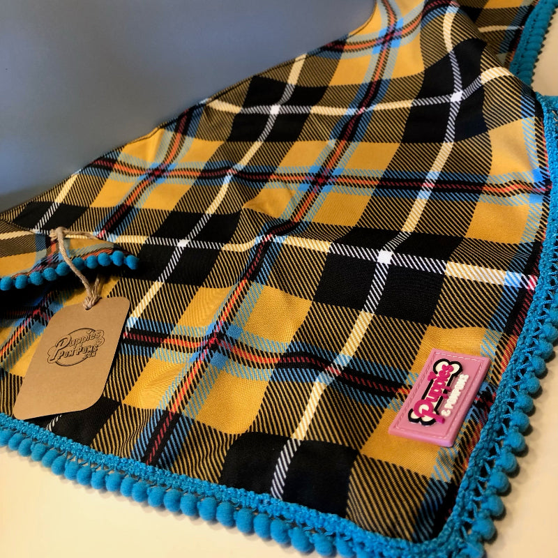 Bandana à Nouer pour chien en tartan de Cornouailles à pompons bleus