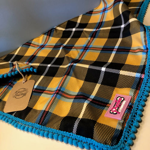 Bandana à Nouer pour chien en tartan de Cornouailles à pompons bleus