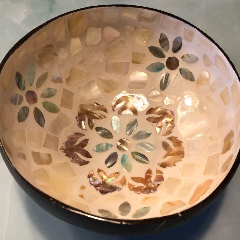 Coconut Shell Bowl with a Glossy White Mixed Interior Finish