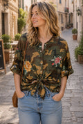 Chemise à manches mi-longues et motifs Army applique broderies fleurs