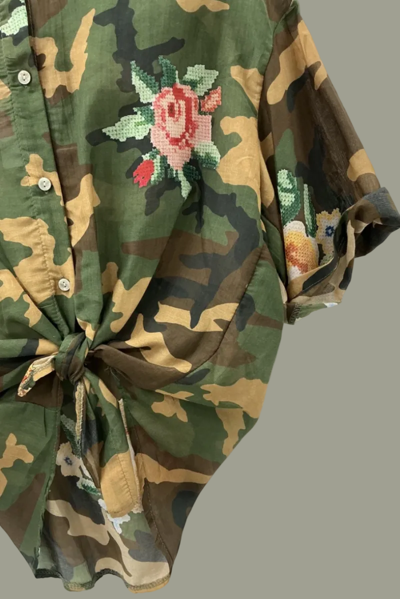 Chemise à manches mi-longues et motifs Army applique broderies fleurs
