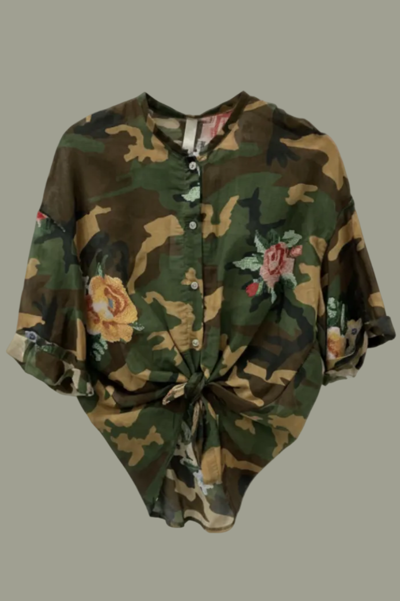 Chemise à manches mi-longues et motifs Army applique broderies fleurs