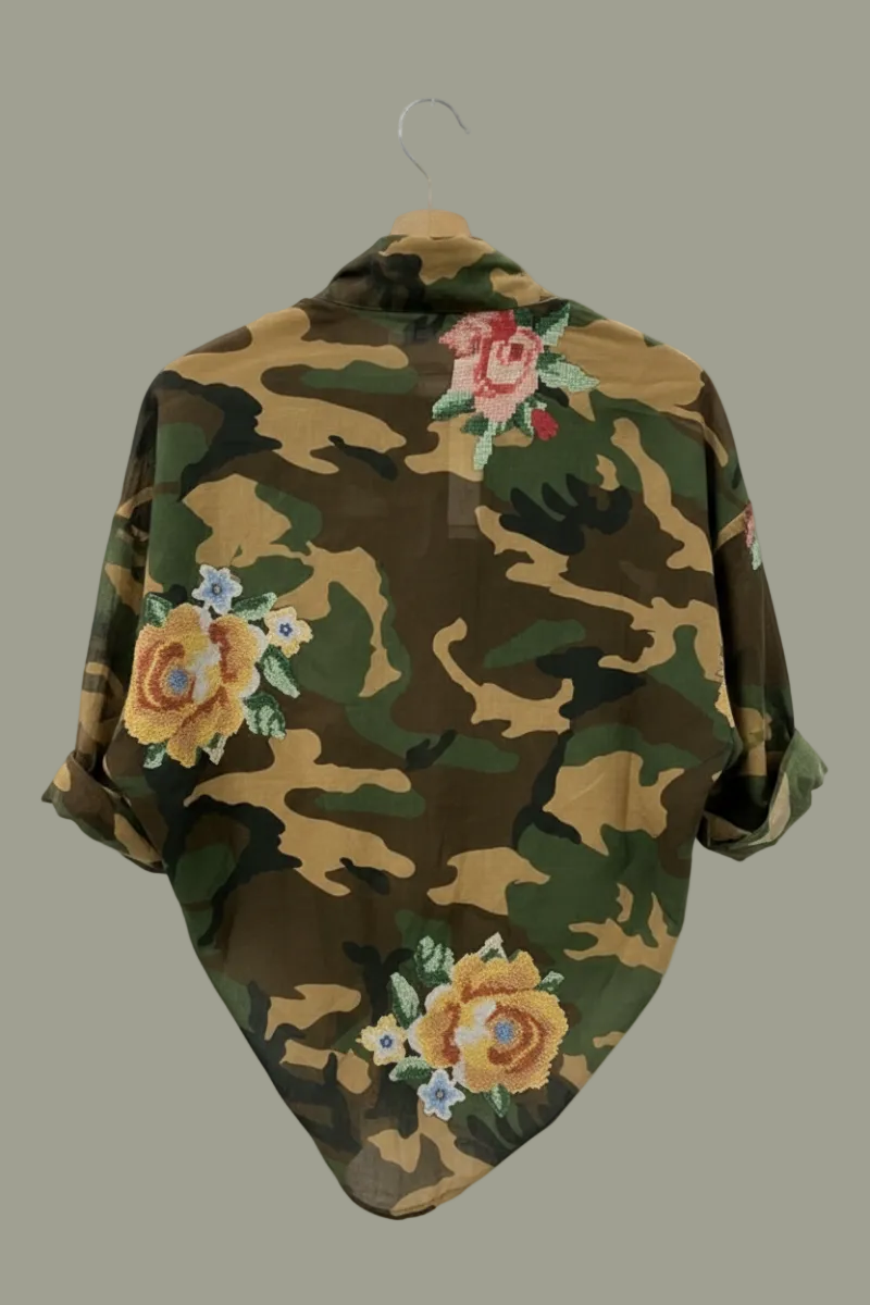 Chemise à manches mi-longues et motifs Army applique broderies fleurs