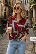 Chemise à manches mi-longues et superbes motifs aux tons rouge et blanc