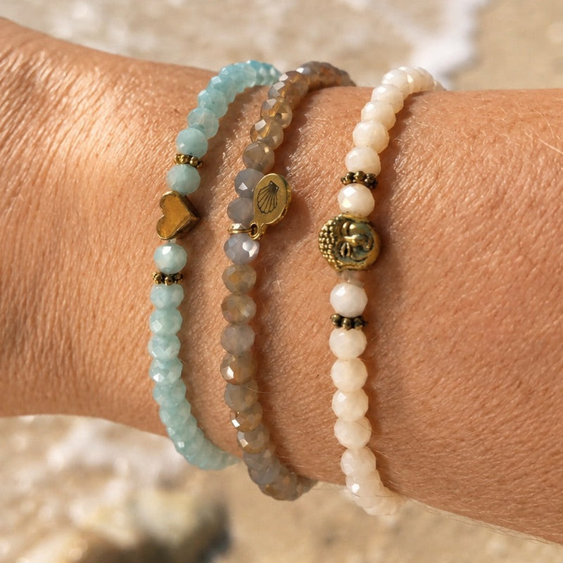 Shimmering faceted glass bead bracelet in grey-blue and beige tones