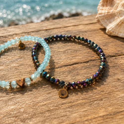 Bracelet made of sparkling faceted glass beads in shades of blue with an iridescent sheen