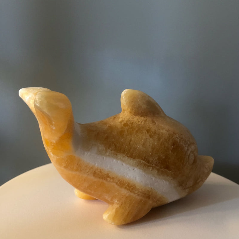 Dauphin en Calcite miel – Sculpture de dauphin en pierre protectrice