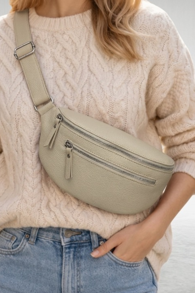 Sac banane en cuir véritable beige