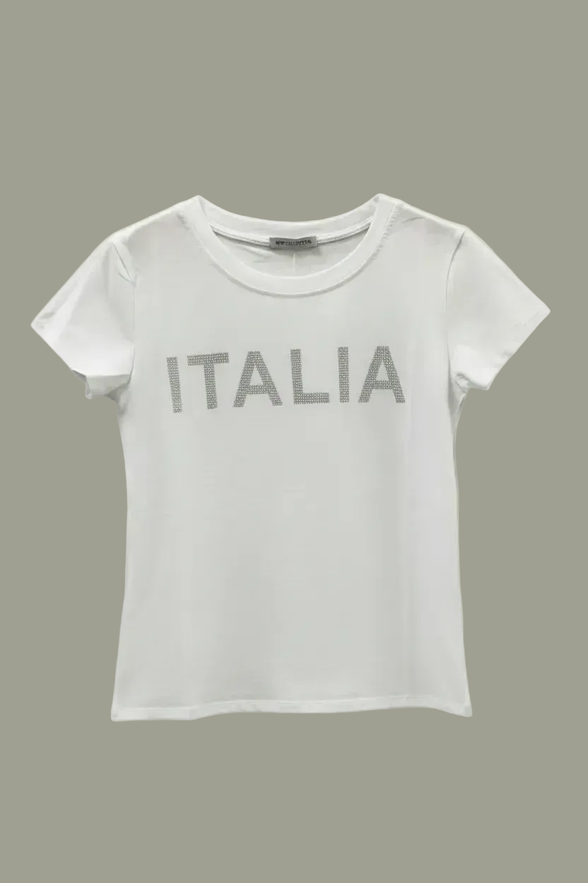 T-shirt confortable à col rond et manches courtes avec imprimé Italia argenté