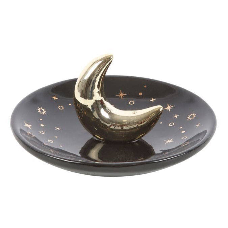 Porte-encens en céramique dorée en forme de croissant de lune