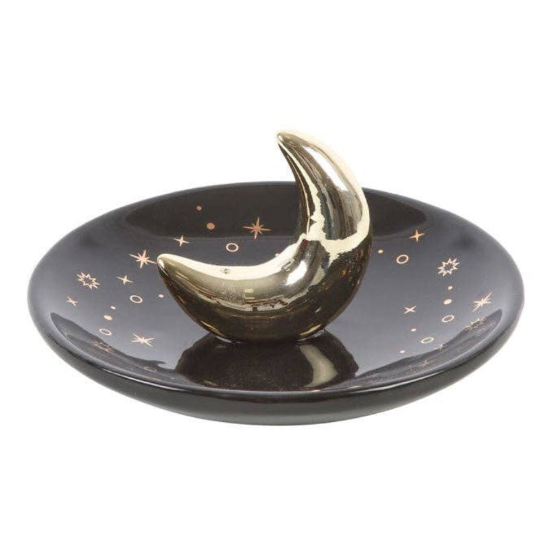 Porte-encens en céramique dorée en forme de croissant de lune